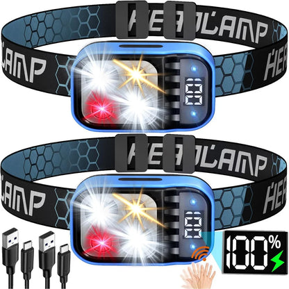 Rechargeable LED Headlamp Flashlight - Waterproof Motion Sensor for Camping, Fishing & Emergency