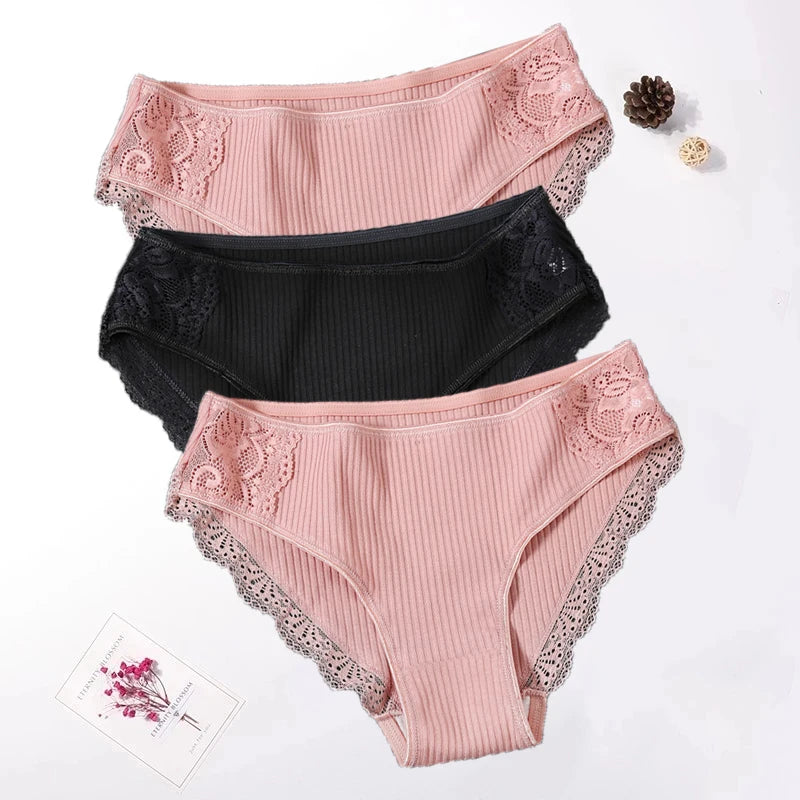 Floral Lace Cotton Women’s Panties - Comfortable Briefs, Solid Color Underwear, 3PCS/Set, Sizes M-XXL