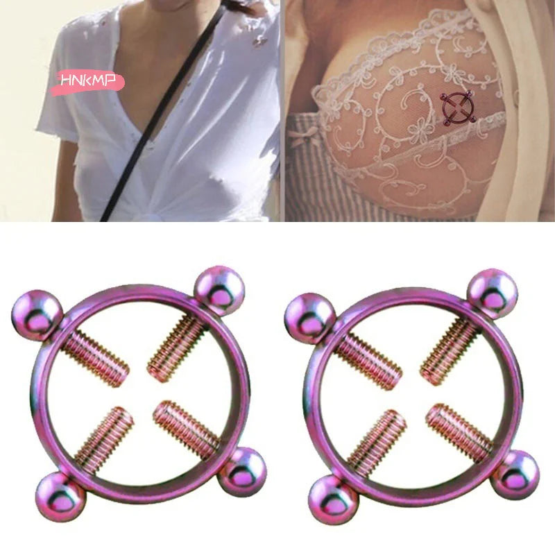 Adjustable Stainless Steel Nipple Clips - Clip-On Fake Nipple Piercing Jewelry for Women in Multiple Colors