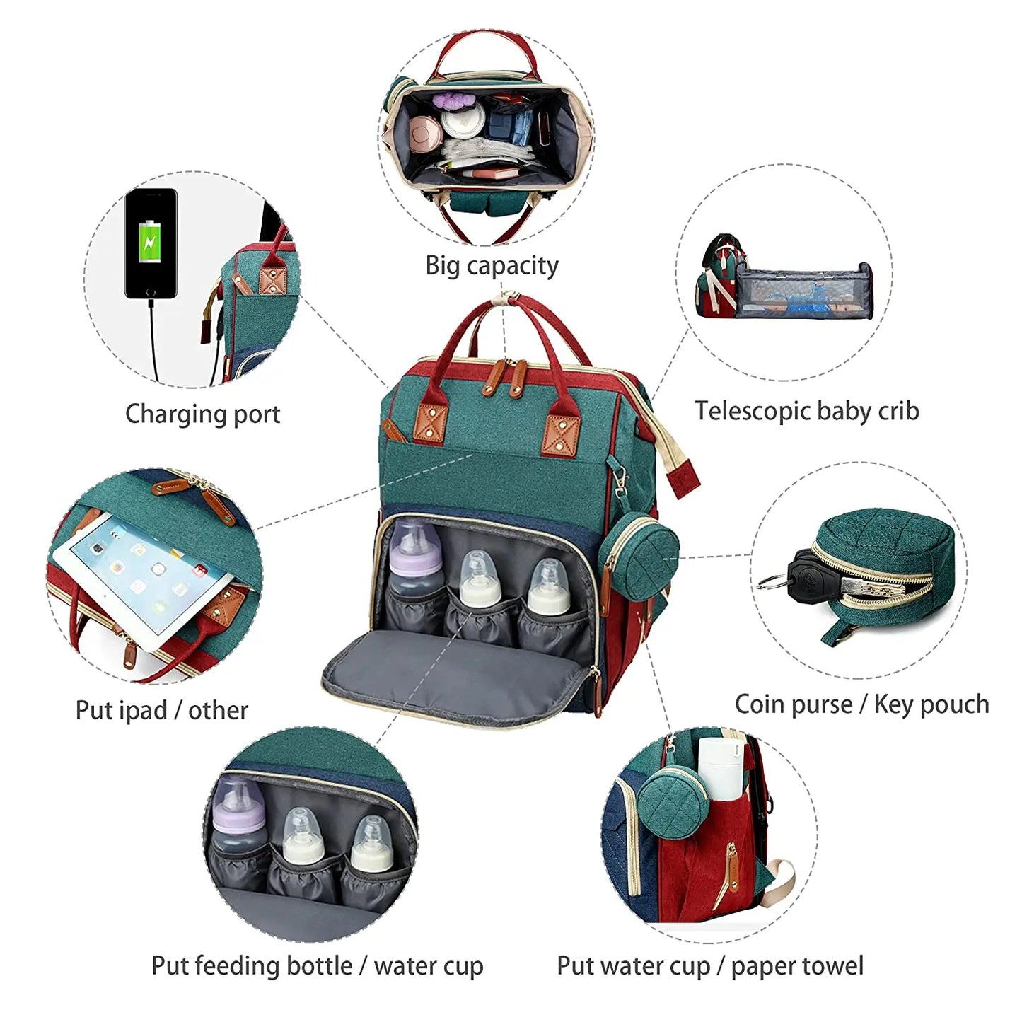3-in-1 Diaper Bag Backpack – Waterproof Travel Bag with Foldable Baby Bed & USB Charging