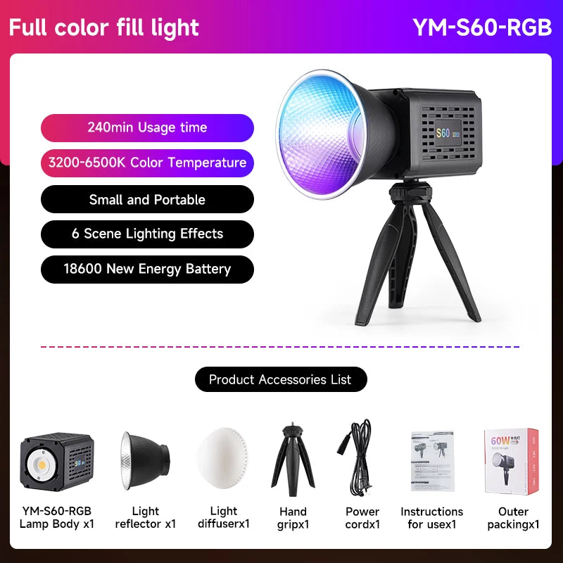 RGB COB Portable Fill Light - 3200–6500K Handheld LED Photography Light for Outdoor Shooting
