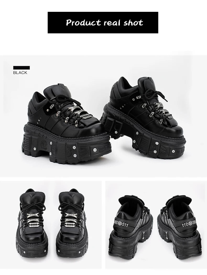 New Punk Style Lace-up Women’s Platform Boots with 6CM Heel, Gothic Rock Ankle Boots, Metal Decor Sneakers