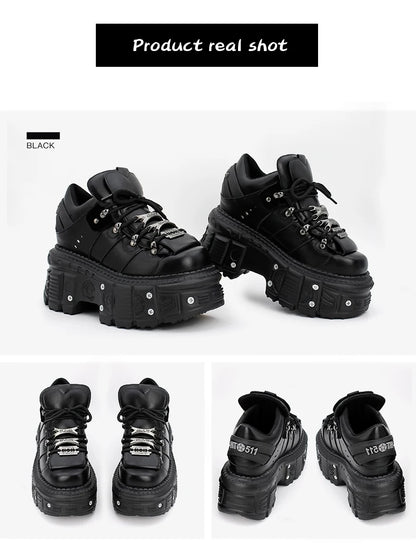 New Punk Style Lace-up Women’s Platform Boots with 6CM Heel, Gothic Rock Ankle Boots, Metal Decor Sneakers