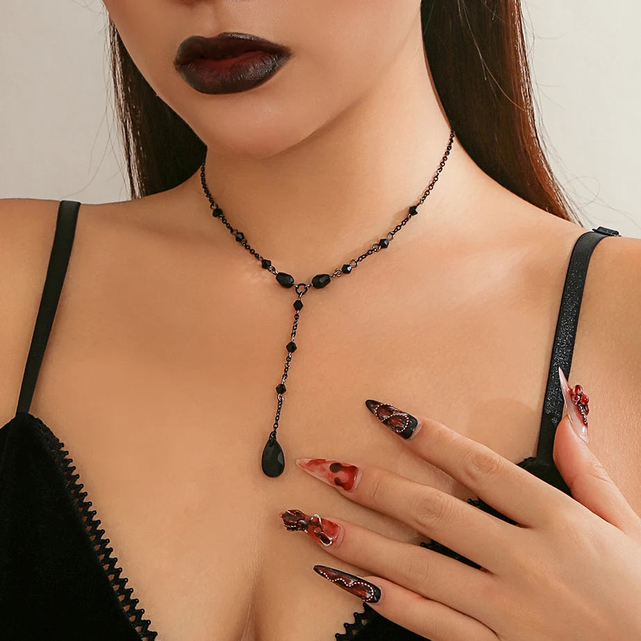 Goth Black Crystal Chest Chain Necklace - Vintage Water Drop Choker Jewelry for Women Y2K Halloween Style Accessories