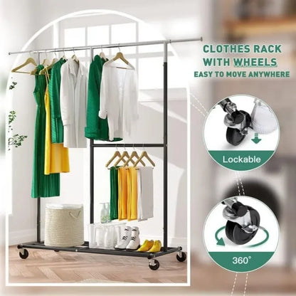 Heavy Duty Rolling Clothing Rack – Portable Clothes Hanger with Wheels for Walk-In Closets