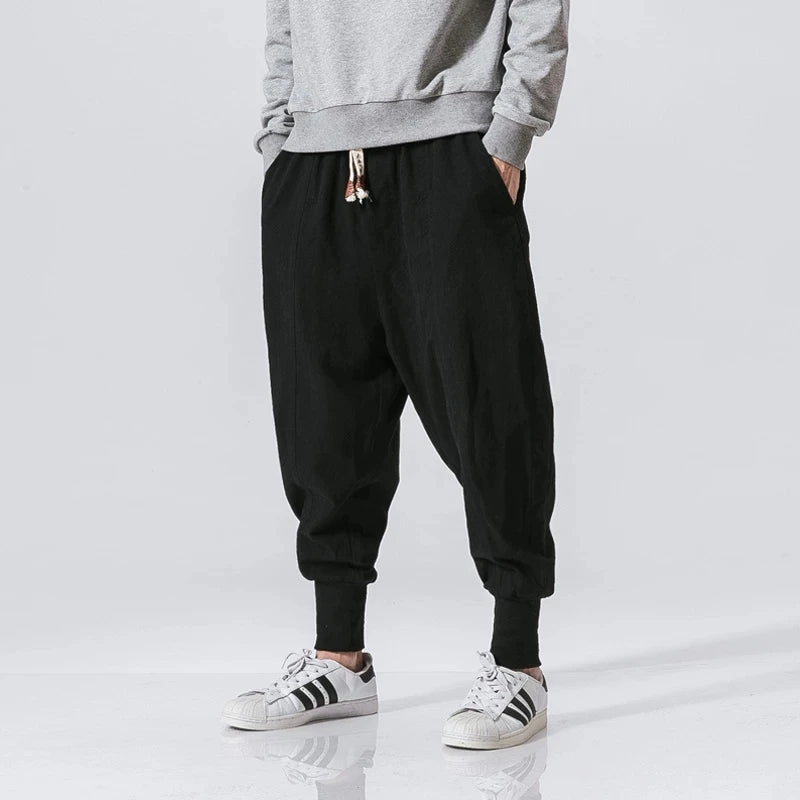Men’s Cotton Linen Harem Pants – Solid Color Baggy Drop-Crotch Joggers with Elastic Waist Casual Streetwear Trousers