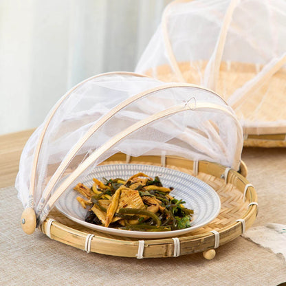 Bamboo Woven Basket with Anti-Mosquito Net – Portable Outdoor Fruit & Vegetable Tray with Mesh Cover