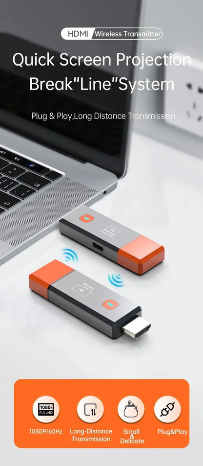 Wireless HDMI Video Transmitter & Receiver Extender Kit – TV Stick Dongle Adapter for PC, Camera, Laptop to Projector, Monitor & TV