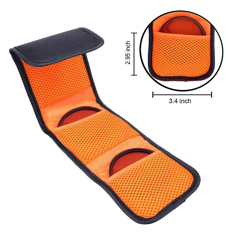 Portable Camera Lens Filter Bag – 3-Pocket Pouch for 82mm ND, UV & CPL Filters