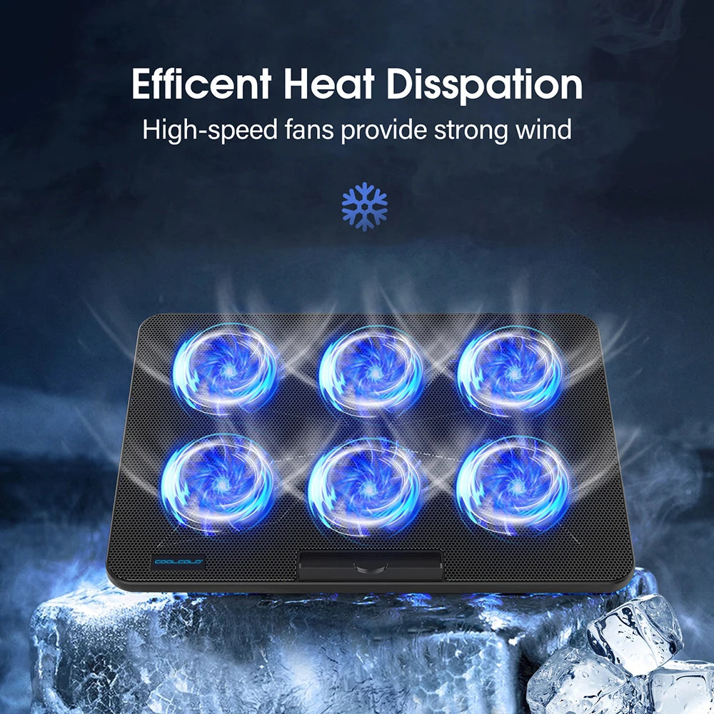 Coolcold 15.6–17.3 Inch Laptop Cooling Pad with 6 Quiet Fans, 7-Level Height & Wind Speed Adjustment, Laptop Cooler with Mobile Phone Holder