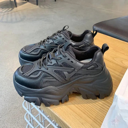 2024 Women's Fashion Platform Sport Shoes - Chunky Black Mesh Leather Casual Sneakers for Summer