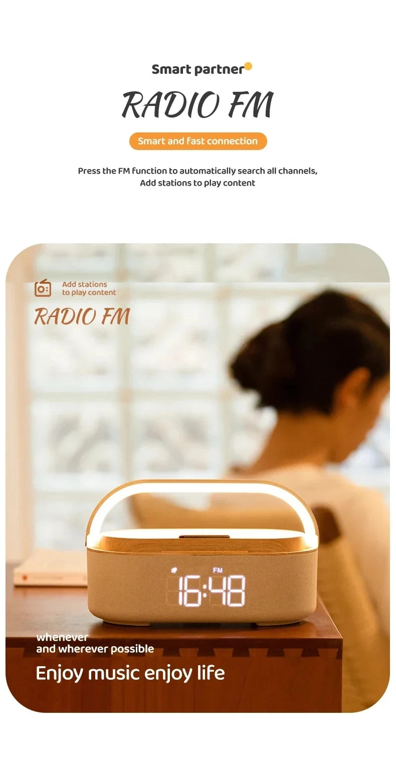 Portable Bluetooth Speaker with Wireless Charging — FM Radio, Alarm Clock, Music Sound Box, Night Light & Charger Lamp