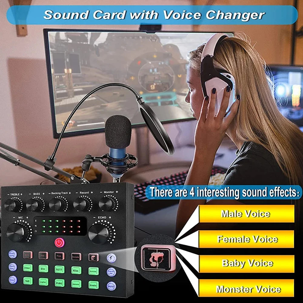 V8S Live Sound Card Podcast Kit - DJ Broadcast Audio Mixer with BM800 Microphone for Music Recording & Live Streaming