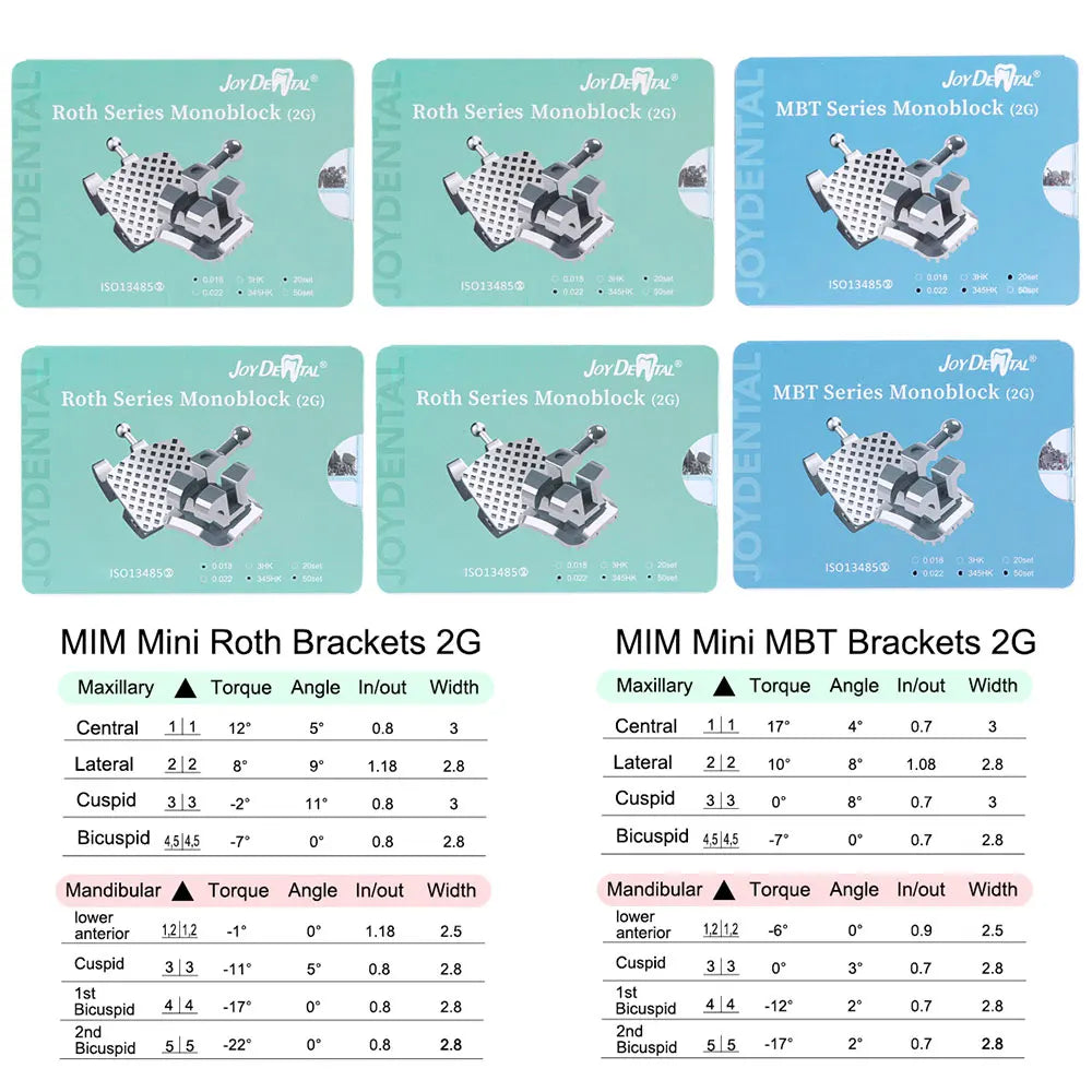 20/50 Sets JOY DENTAL Orthodontic Brackets – MIM Monoblock Metal Mini Roth .022/MBT .018 with Hooks for Dentistry Ortho Braces