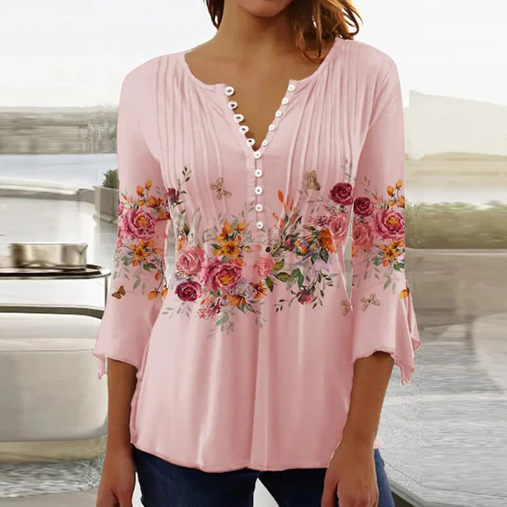 2024 Trendy 3D Printed Women’s Blouse Shirt – V Neck Button-Up 3/4 Sleeve Elegant Spring Summer Fashion Top