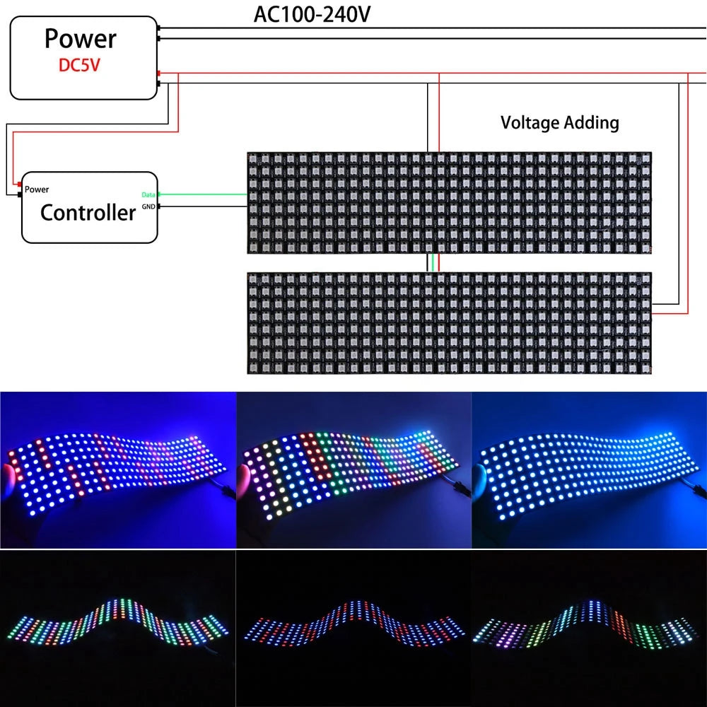 WS2812B RGB LED Pixel Matrix Panel - Individually Addressable Flexible 8×8, 16×16 or 8×32 LED Screen, DC 5V