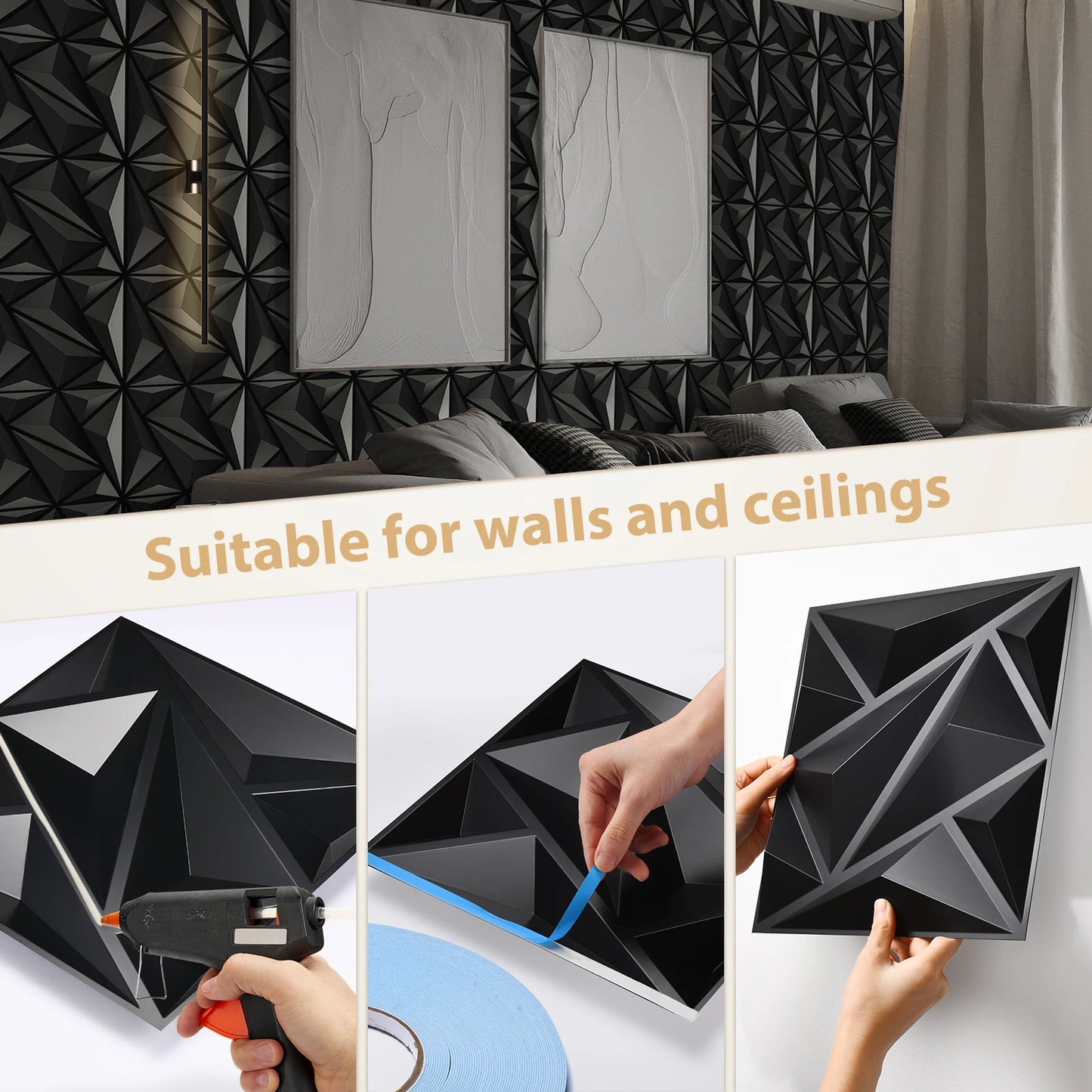 KUUJOJO 3D Textured Wall Panels – Indoor Wall Decoration for Living Room, Bedroom, Hotel, Office, Tape