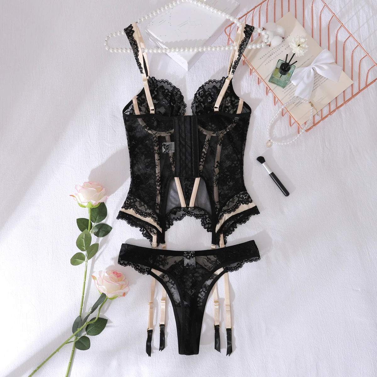 Ellolace Premium Sexy Women’s Lingerie – Willowy Corset 2PC Erotic Bowknot Set