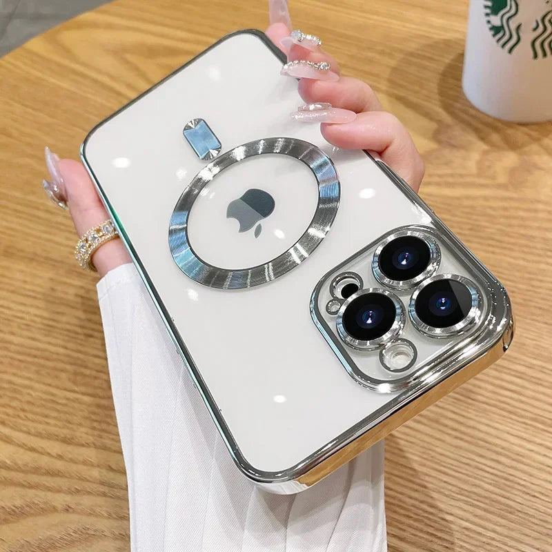 Luxury Plating MagSafe Magnetic Case for iPhone 16/15/14/13/12/11 Pro Max Plus – Wireless Charging Cover with Lens Protector