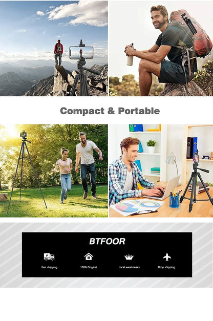 55" Aluminum Phone & Camera Tripod — Travel Self-Stand with Quick Plate Mount & Pan Head for Canon, Nikon DSLR & SLR Cameras