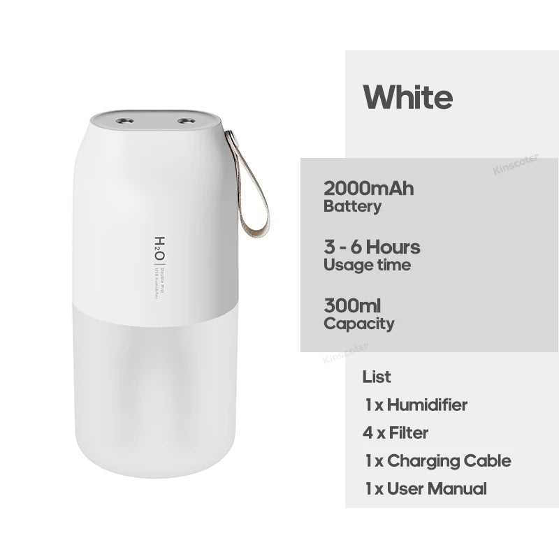 KINSCOTER Portable Double Mist Air Humidifier – 300ml Cold Mist Diffuser, 2000mAh Car Air Purifier & USB Mini Air Freshener