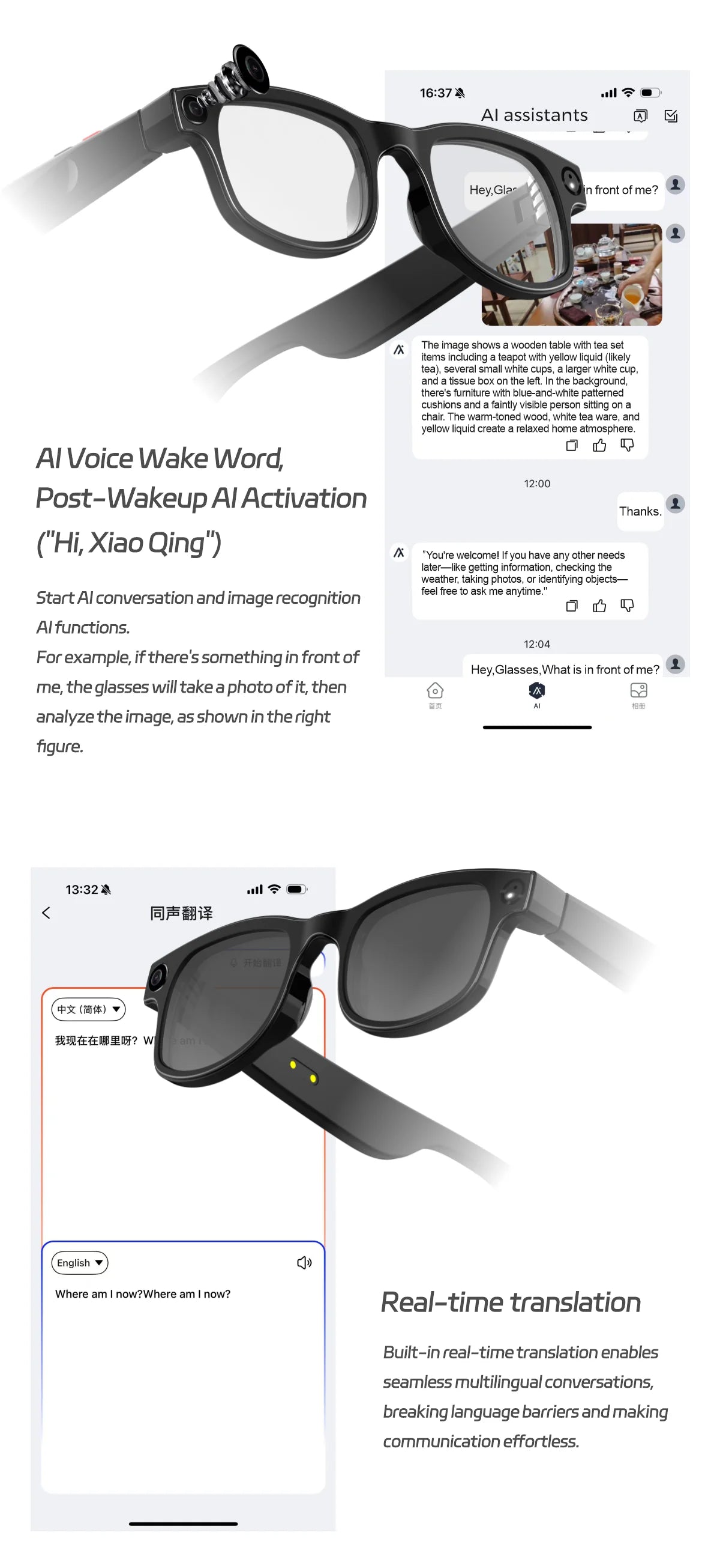 500W AI Smart Camera Sunglasses 3-in-1 Lens HD1080P ChatGPT Voice Control WiFi Bluetooth Intelligent Glasses