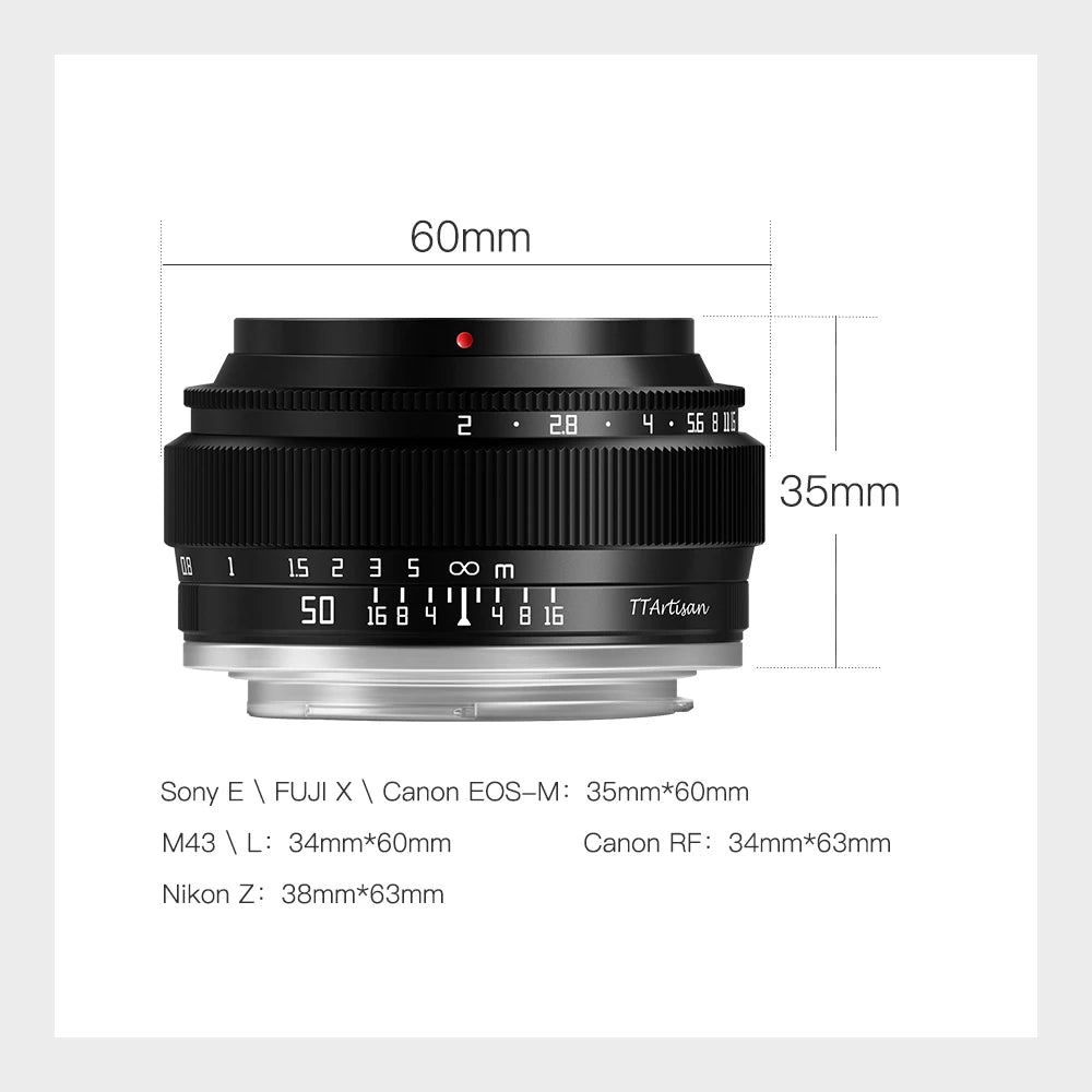 TTArtisan 50mm F2 Full-Frame Manual Focus Lens - Prime Portrait Lens for Sony E, Nikon Z, Fujifilm X, Leica & L-Mount Cameras