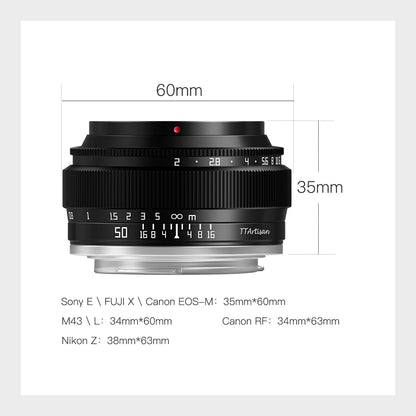 TTArtisan 50mm F2 Full-Frame Manual Focus Lens - Prime Portrait Lens for Sony E, Nikon Z, Fujifilm X, Leica & L-Mount Cameras