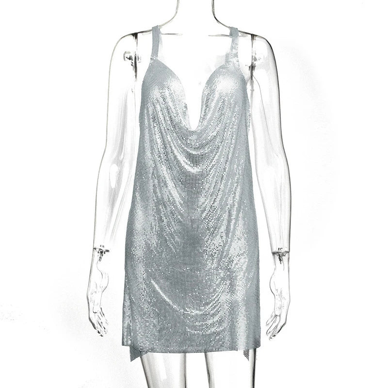 Women’s 90s Rave Glitter Mini Dress – V-Neck Lace-Up Sequin Y2K Clubwear, Sexy Backless Bodycon with Metal Details for Party