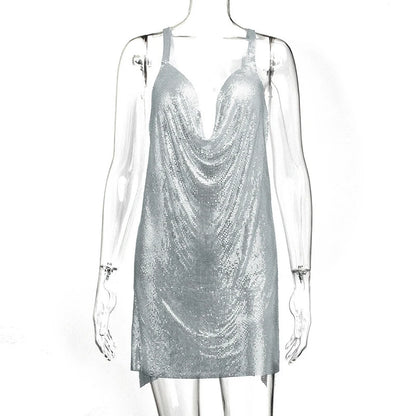 Women’s 90s Rave Glitter Mini Dress – V-Neck Lace-Up Sequin Y2K Clubwear, Sexy Backless Bodycon with Metal Details for Party