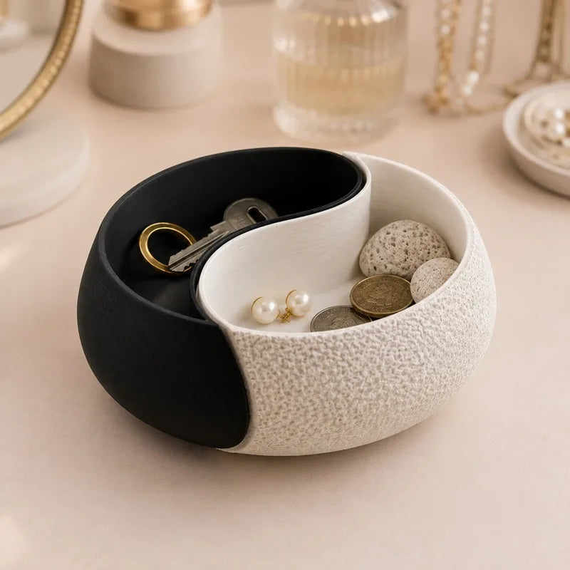 3D Printed Yin-Yang Storage Bowl - Double Compartment Jewelry Tray & Key Holder for Desk Decor