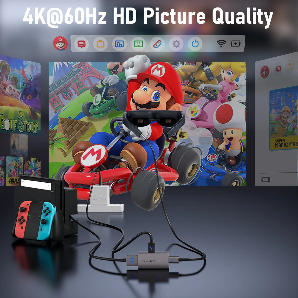 Lemorele 4K HDMI to USB-C AR Glasses Adapter – Type-C Video Converter & Charging Cable for Xreal Air, Rokid & Switch Compatible
