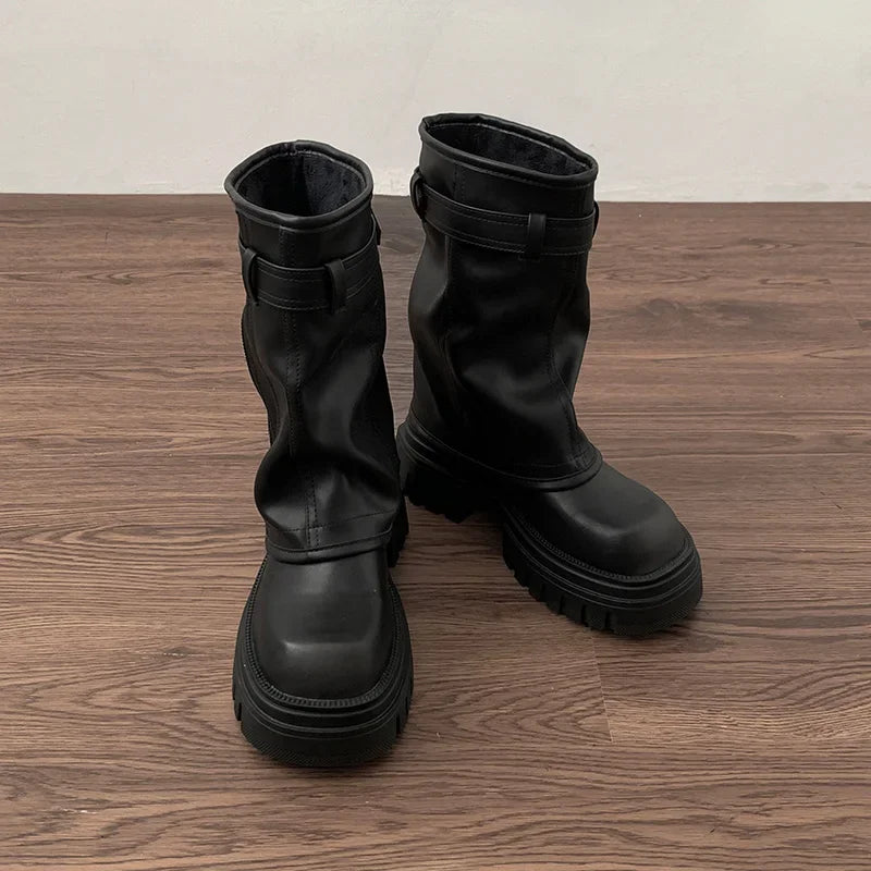 Women’s Winter Biker Boots – Fashion Belt Buckle Platform Short Booties, Casual Knight-Style Flats