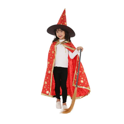 Kids Halloween Witch Cloak and Hat Set - 5-Star Cosplay Costume, 90cm Length for Height 100-160cm, Perfect for Parties and Dress-Up