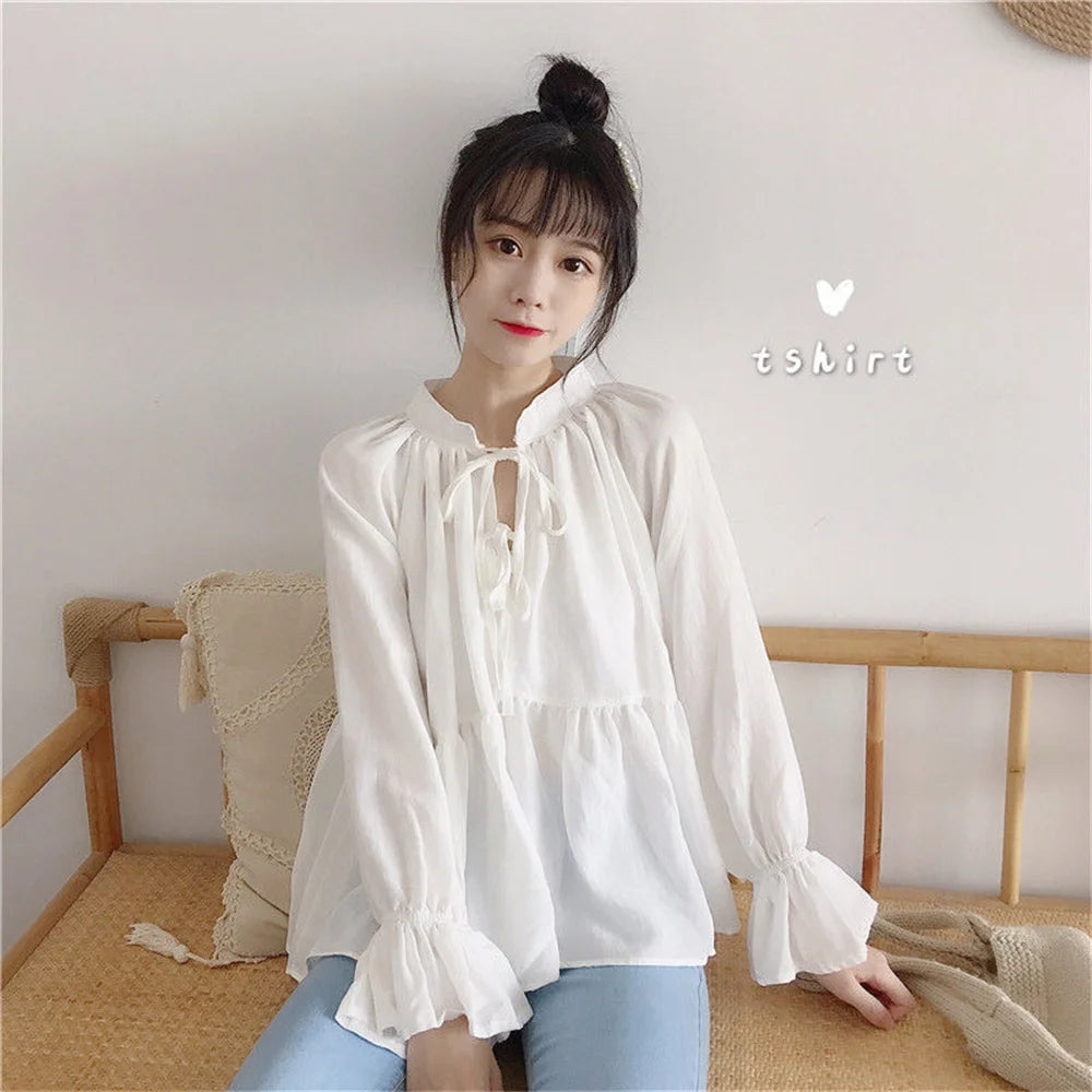 2024 Fashion Women’s Lace-Up Shirt – Flare Sleeve O-Collar Loose Blouse for Spring, Summer & Autumn