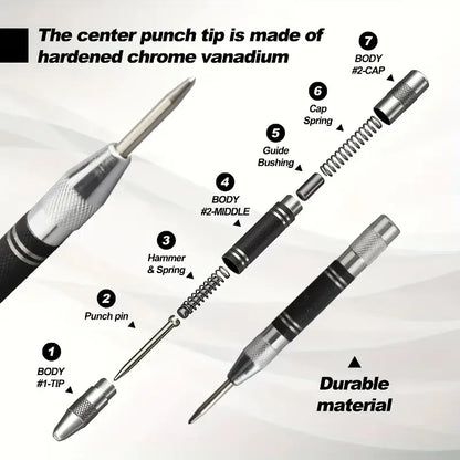 Heavy Duty Automatic Center Punch Tool – Spring Loaded Drill Hole Marker for Wood, Metal & Steel Carpentry