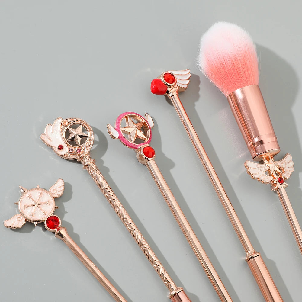 5-Piece Sakura Makeup Brush Set - Soft Fluffy Metal Handle Powder, Eyeshadow & Eyebrow Brushes