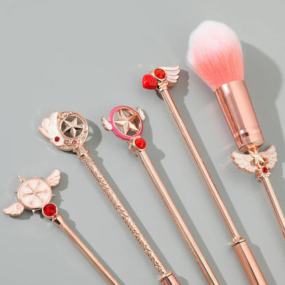 5-Piece Sakura Makeup Brush Set - Soft Fluffy Metal Handle Powder, Eyeshadow & Eyebrow Brushes