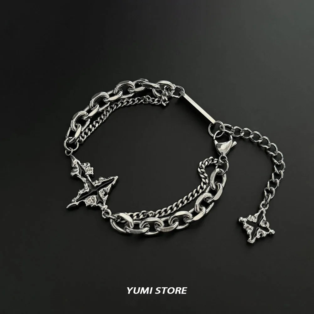 Retro Flame Cross Bracelet - Unisex Hip Hop Titanium Steel Splice Chain Charm, Kpop Luxury Jewelry for Men & Women