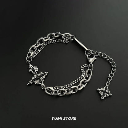 Retro Flame Cross Bracelet - Unisex Hip Hop Titanium Steel Splice Chain Charm, Kpop Luxury Jewelry for Men & Women