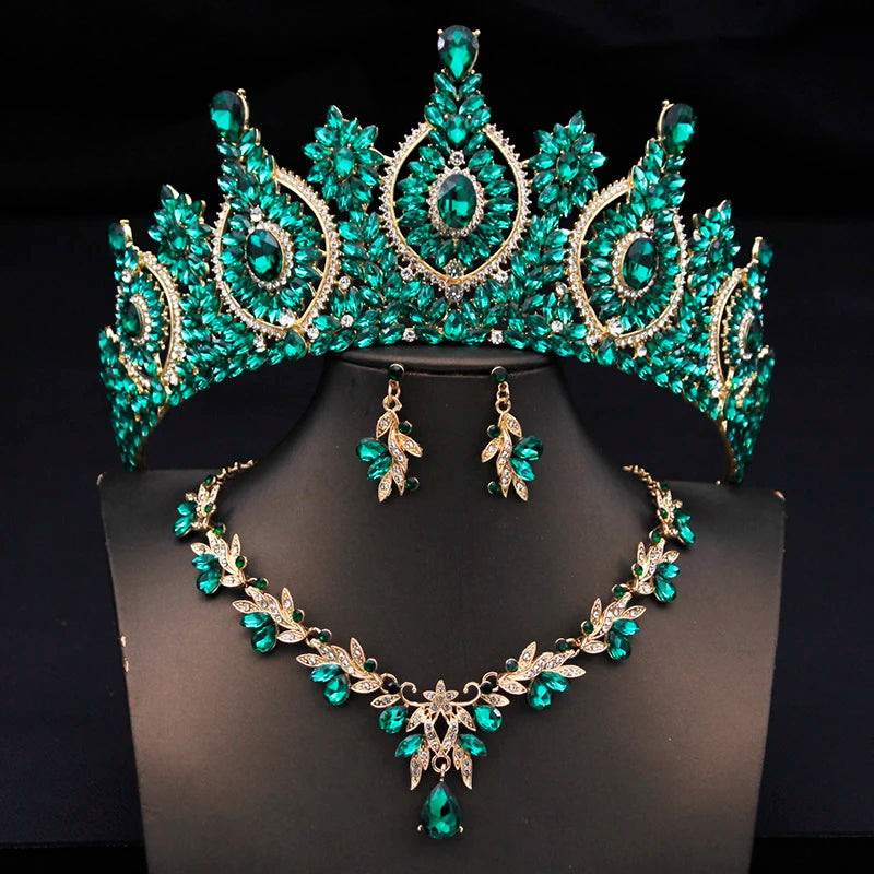 Rhinestone Bridal Tiara Jewelry Set - Wedding Crown with Necklace and Earrings for Women