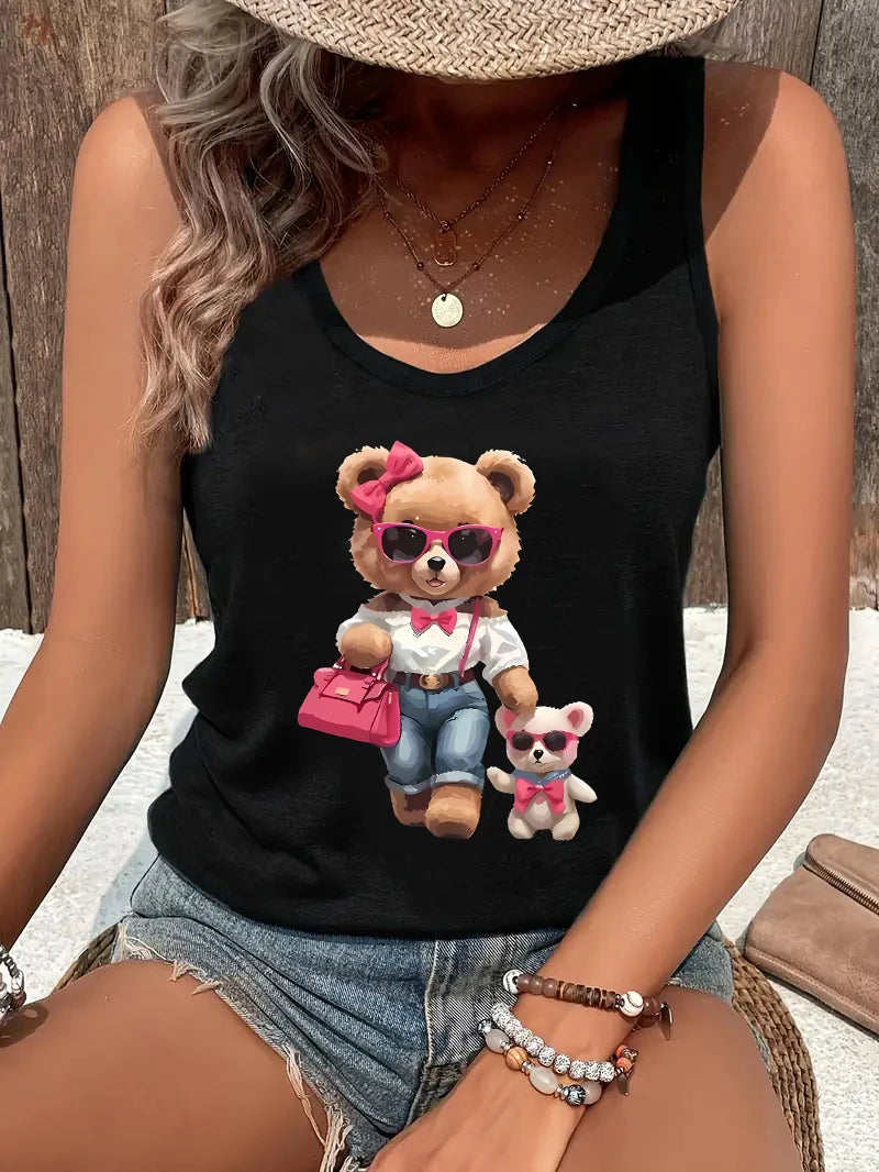 Women's Harajuku Bear Graphic Tank Top - Sleeveless Crew Neck Casual T-Shirt Vest
