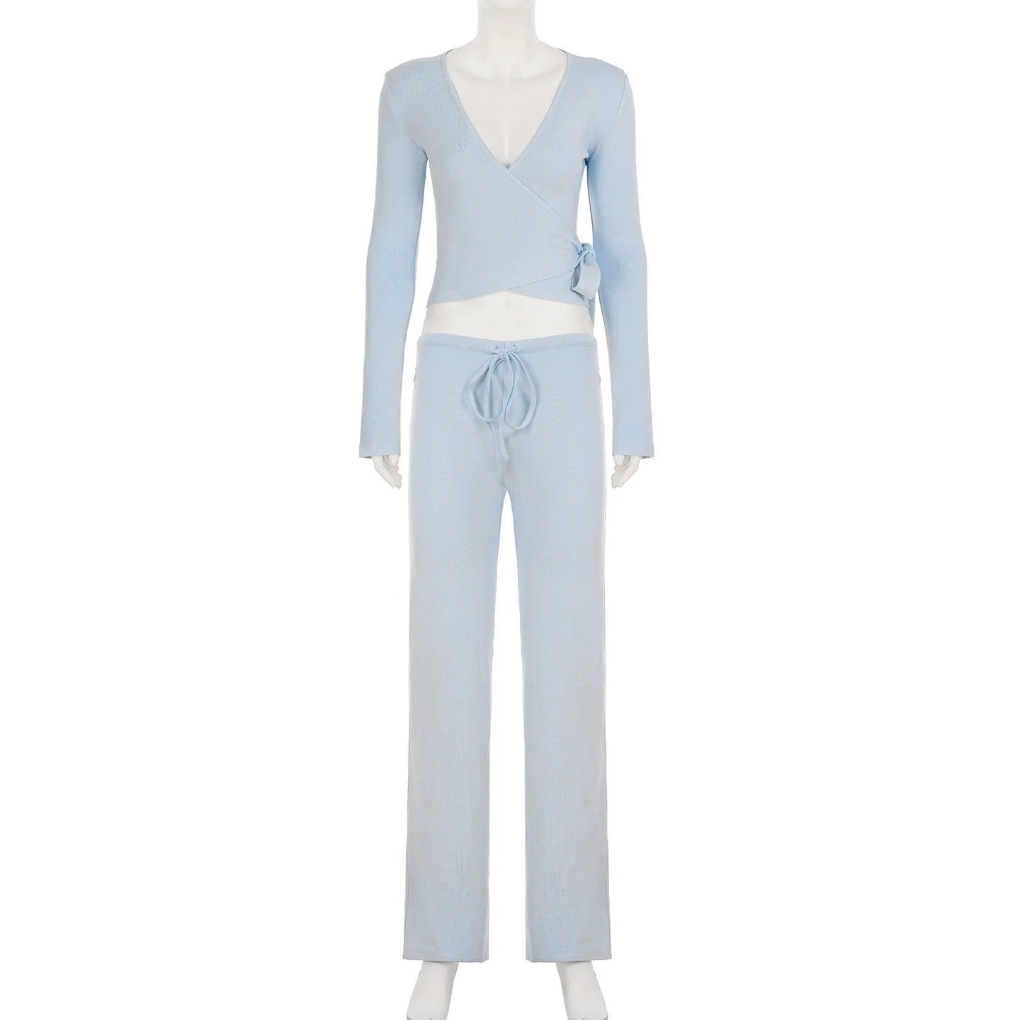 Apprabant Women’s Casual Fashion Set – Drawstring High-Waist Trousers with Plush Loose Pants and Lace-Up Flared Sleeve V-Neck Top