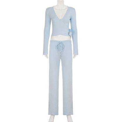 Apprabant Women’s Casual Fashion Set – Drawstring High-Waist Trousers with Plush Loose Pants and Lace-Up Flared Sleeve V-Neck Top