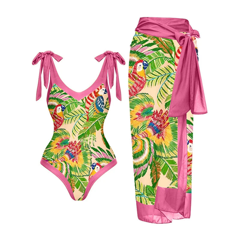 Blue One-Shoulder Ruffle Floral Monokini Swimsuit with Cover Up Sexy One Piece Beach Swimwear for Women Summer