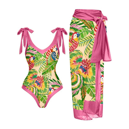 Blue One-Shoulder Ruffle Floral Monokini Swimsuit with Cover Up Sexy One Piece Beach Swimwear for Women Summer