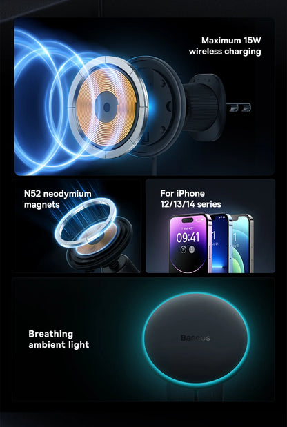 Baseus 15W Magnetic Wireless Car Charger – Fast Charging Phone Holder with Light Effect for iPhone 15/14/13 Pro Max