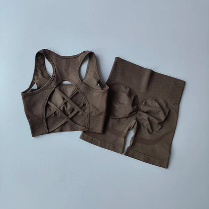 2-Piece Women’s Seamless Yoga Set – Sexy Sport Bra & High-Waist Shorts, Sleeveless Gym Fitness Workout Sportswear