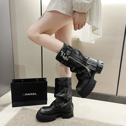 2023 New Women's Mid-Calf Boots – Fashion Belt Buckle, Side Zipper, Round Toe, High Quality