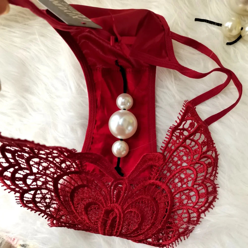 Women’s Lace Embroidered Thong Panties – Beaded Faux Pearl Design T-Back G-String Underwear, Hollow Out Sexy Lingerie Intimates
